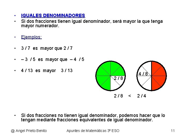  • • IGUALES DENOMINADORES Si dos fracciones tienen igual denominador, será mayor la