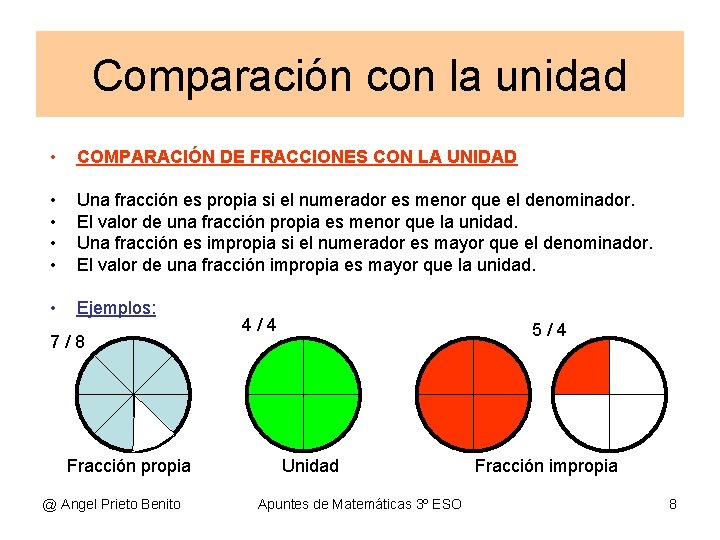 Comparación con la unidad • COMPARACIÓN DE FRACCIONES CON LA UNIDAD • • Una