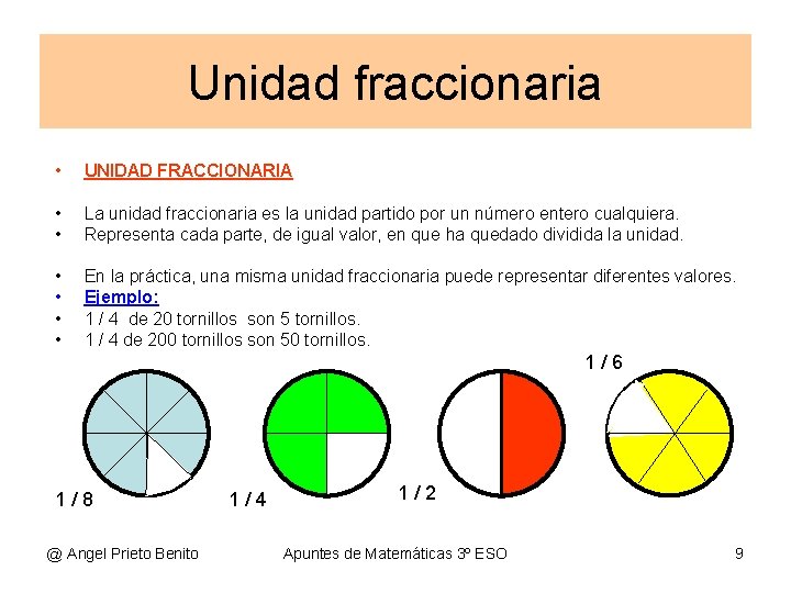 Unidad fraccionaria • UNIDAD FRACCIONARIA • • La unidad fraccionaria es la unidad partido