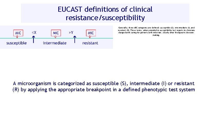 EUCAST definitions of clinical resistance/susceptibility Generally, three MIC categories are defined: susceptible (S), intermediate