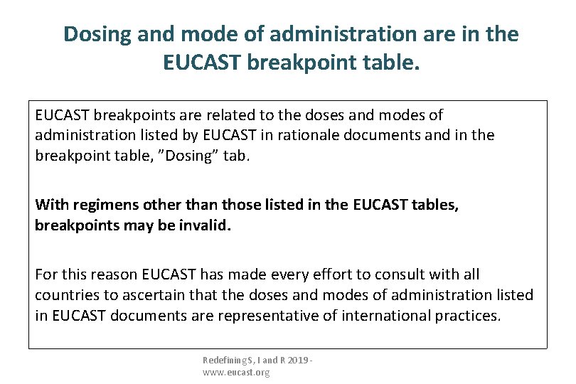 Dosing and mode of administration are in the EUCAST breakpoint table. EUCAST breakpoints are