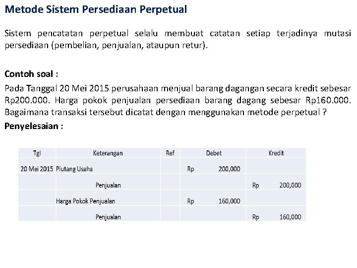 Metode Sistem Persediaan Perpetual Sistem pencatatan perpetual selalu membuat catatan setiap terjadinya mutasi persediaan