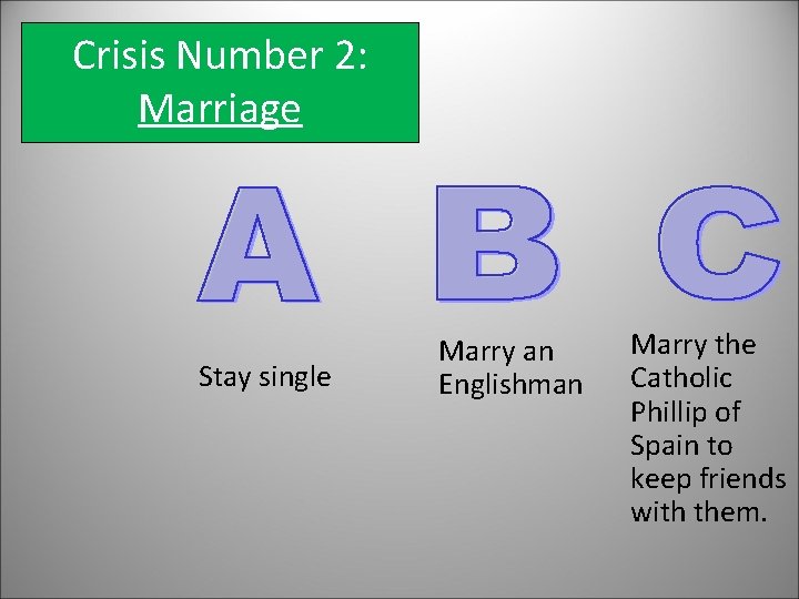 Crisis Number 2: Marriage Stay single Marry an Englishman Marry the Catholic Phillip of