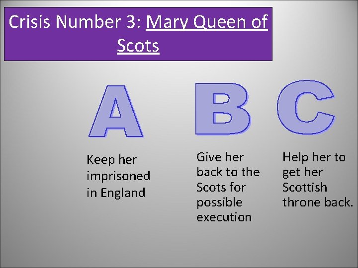 Crisis Number 3: Mary Queen of Scots Keep her imprisoned in England Give her