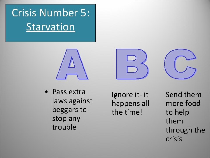 Crisis Number 5: Starvation • Pass extra laws against beggars to stop any trouble