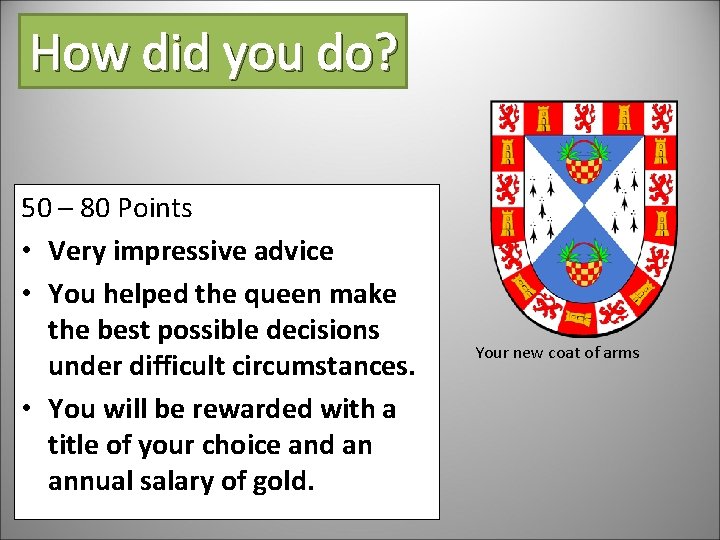 How did you do? 50 – 80 Points • Very impressive advice • You