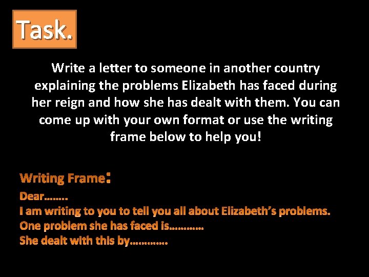 Task. Write a letter to someone in another country explaining the problems Elizabeth has