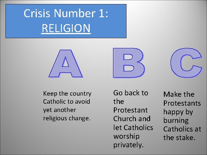 Crisis Number 1: RELIGION Keep the country Catholic to avoid yet another religious change.