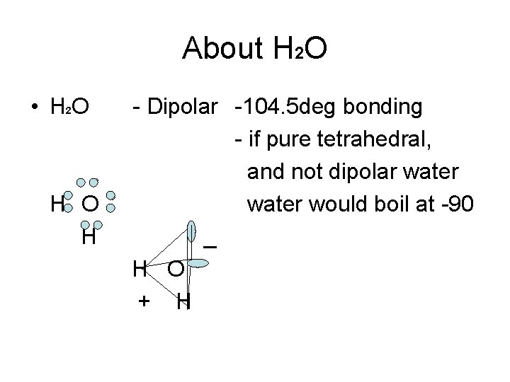 About H 2 O • H 2 O H - Dipolar -104. 5 deg