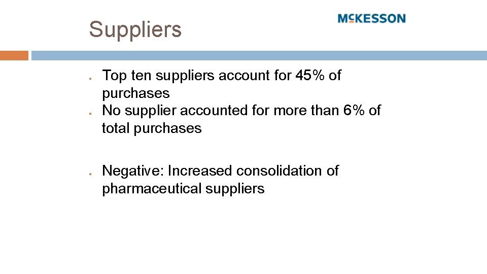 Suppliers ● ● ● Top ten suppliers account for 45% of purchases No supplier