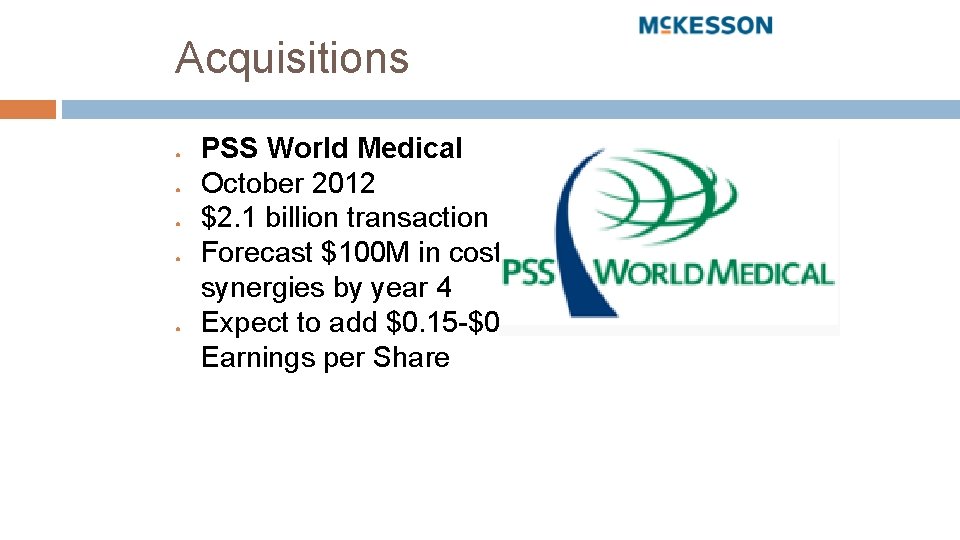 Acquisitions ● ● ● PSS World Medical October 2012 $2. 1 billion transaction Forecast