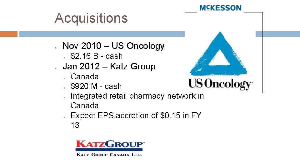 Acquisitions ● Nov 2010 – US Oncology ● ● $2. 16 B - cash