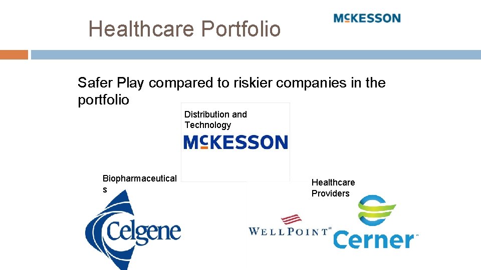 Healthcare Portfolio Safer Play compared to riskier companies in the portfolio Distribution and Technology