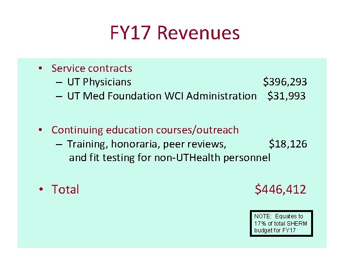 FY 17 Revenues • Service contracts – UT Physicians $396, 293 – UT Med
