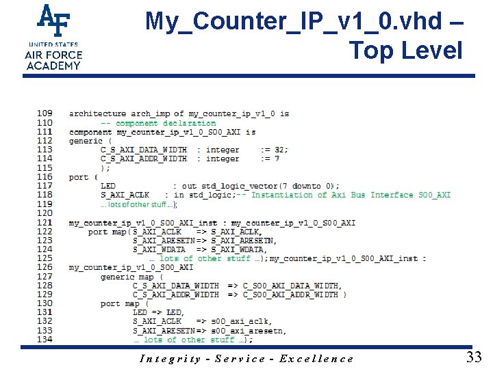 My_Counter_IP_v 1_0. vhd – Top Level Integrity - Service - Excellence 33 