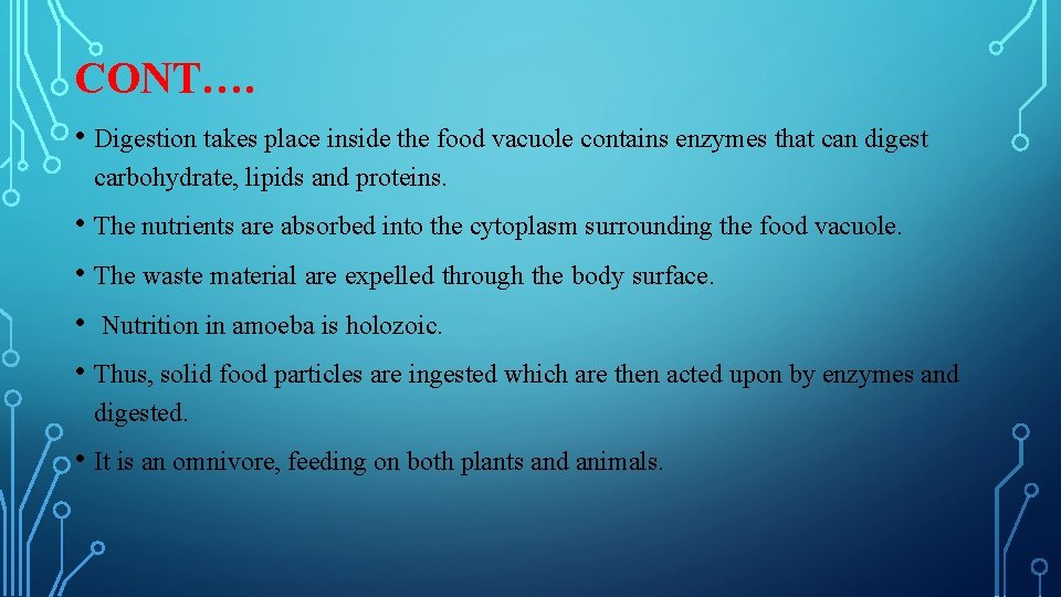 CONT…. • Digestion takes place inside the food vacuole contains enzymes that can digest