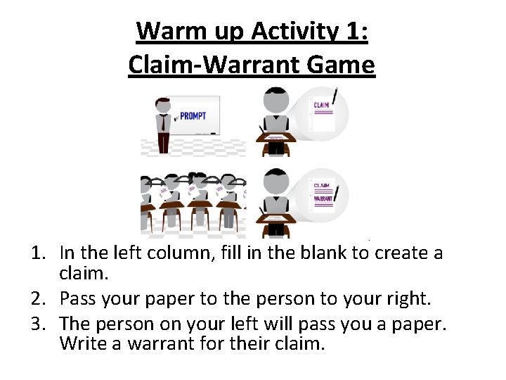 Warm up Activity 1: Claim-Warrant Game 1. In the left column, fill in the