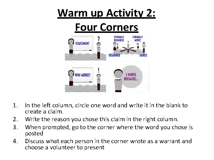 Warm up Activity 2: Four Corners 1. 2. 3. 4. In the left column,