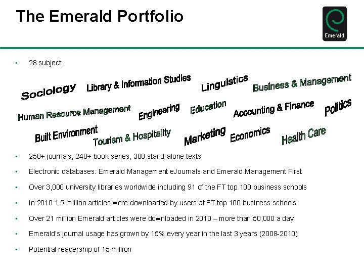 The Emerald Portfolio • 28 subject • 250+ journals, 240+ book series, 300 stand-alone