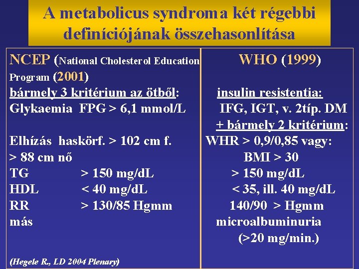 A metabolicus syndroma két régebbi definíciójának összehasonlítása NCEP (National Cholesterol Education (2001) bármely 3