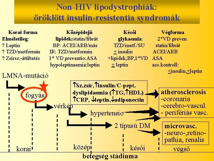 Non-HIV lipodystrophiák: öröklött insulin-resistentia syndromák Korai forma Elméletileg: ? Leptin ? TZD/metformin ? Zsírsz.