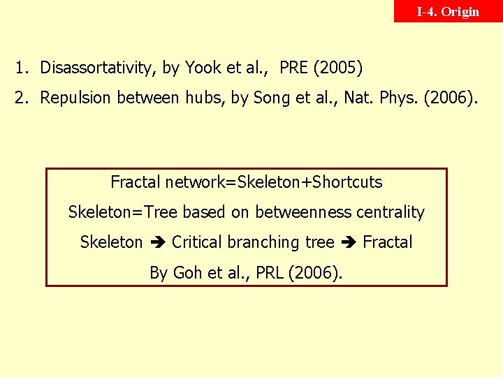 I-4. Origin 1. Disassortativity, by Yook et al. , PRE (2005) 2. Repulsion between