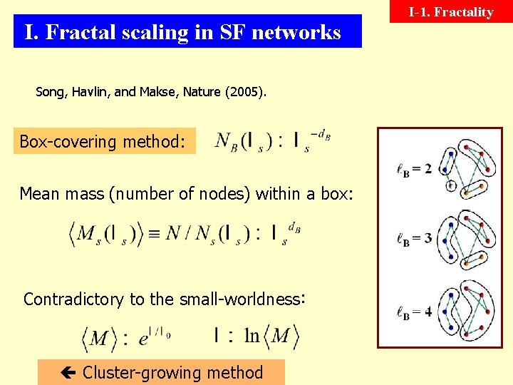 I. Fractal scaling in SF networks Song, Havlin, and Makse, Nature (2005). Box-covering method: