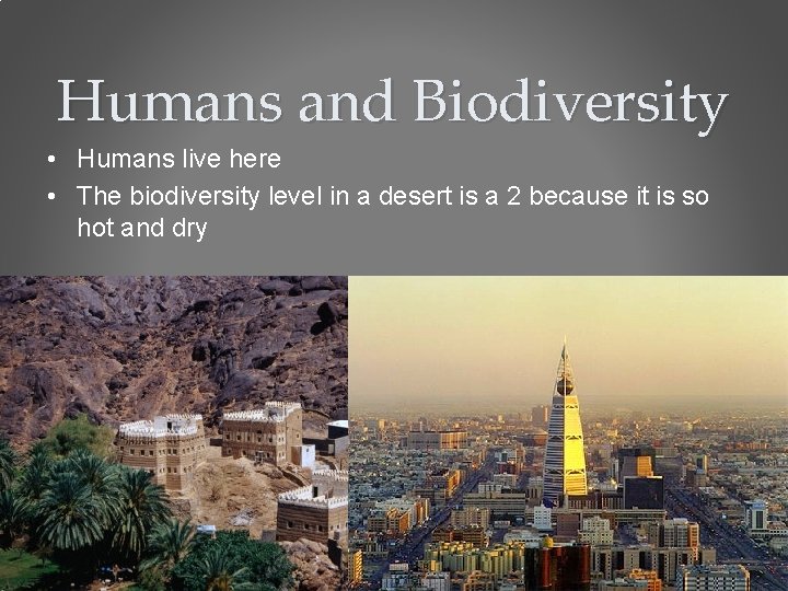 Humans and Biodiversity • Humans live here • The biodiversity level in a desert