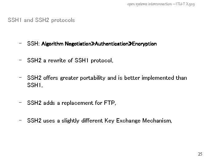 open systems interconnection – ITU-T X. 509 SSH 1 and SSH 2 protocols -