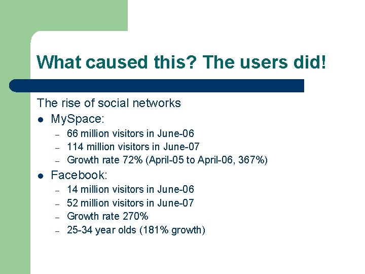 What caused this? The users did! The rise of social networks l My. Space: