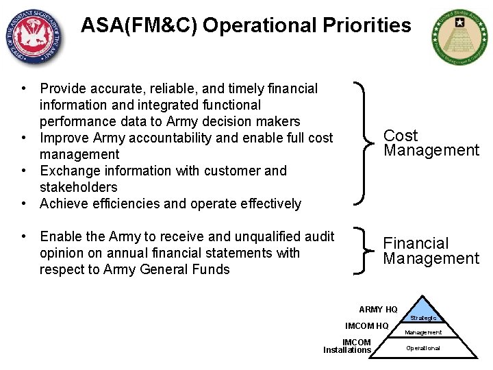 ASA(FM&C) Operational Priorities • Provide accurate, reliable, and timely financial information and integrated functional