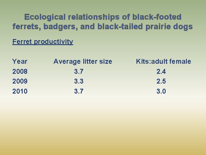 Ecological relationships of black-footed ferrets, badgers, and black-tailed prairie dogs Ferret productivity Year 2008