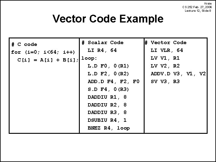 Krste CS 252 Feb. 27, 2006 Lecture 12, Slide 8 Vector Code Example #