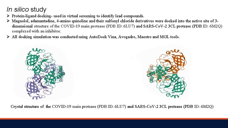In silico study Ø Protein-ligand docking- used in virtual screening to identify lead compounds.