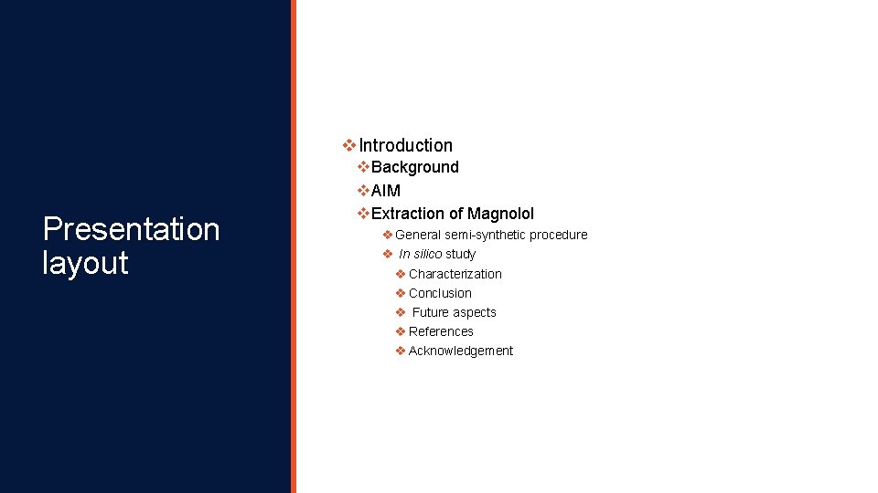 v. Introduction Presentation layout v. Background v. AIM v. Extraction of Magnolol v General