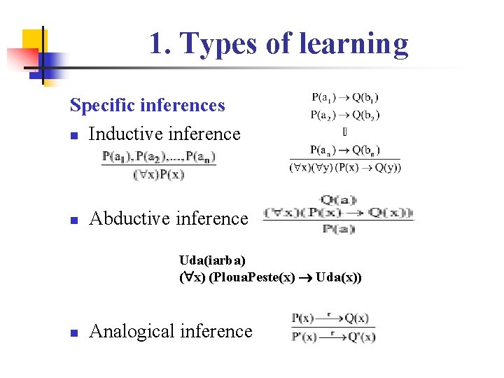 1. Types of learning Specific inferences n Inductive inference n Abductive inference Uda(iarba) (