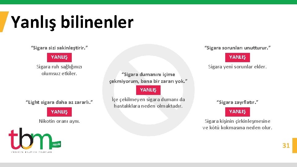 Yanlış bilinenler “Sigara sizi sakinleştirir. ” “Sigara sorunları unutturur. ” YANLIŞ Sigara ruh sağlığınızı