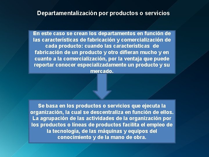 Departamentalización por productos o servicios En este caso se crean los departamentos en función