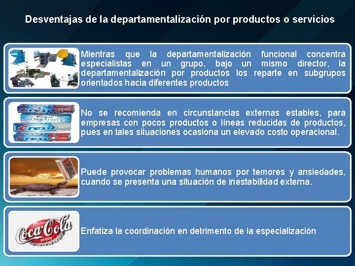 Desventajas de la departamentalización por productos o servicios Mientras que la departamentalización funcional concentra