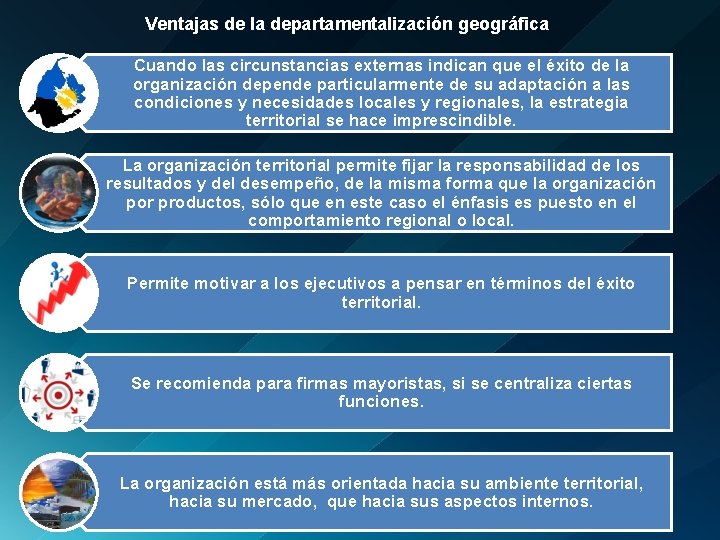 Ventajas de la departamentalización geográfica Cuando las circunstancias externas indican que el éxito de