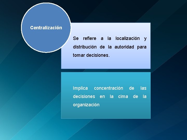 Centralización Se refiere a la localización y distribución de la autoridad para tomar decisiones.