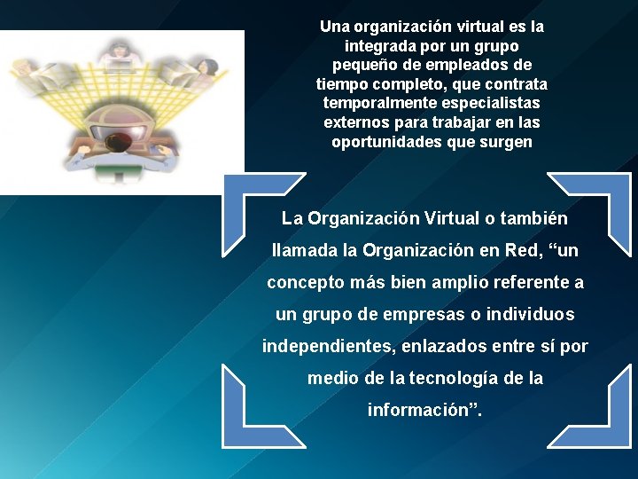 Una organización virtual es la integrada por un grupo pequeño de empleados de tiempo
