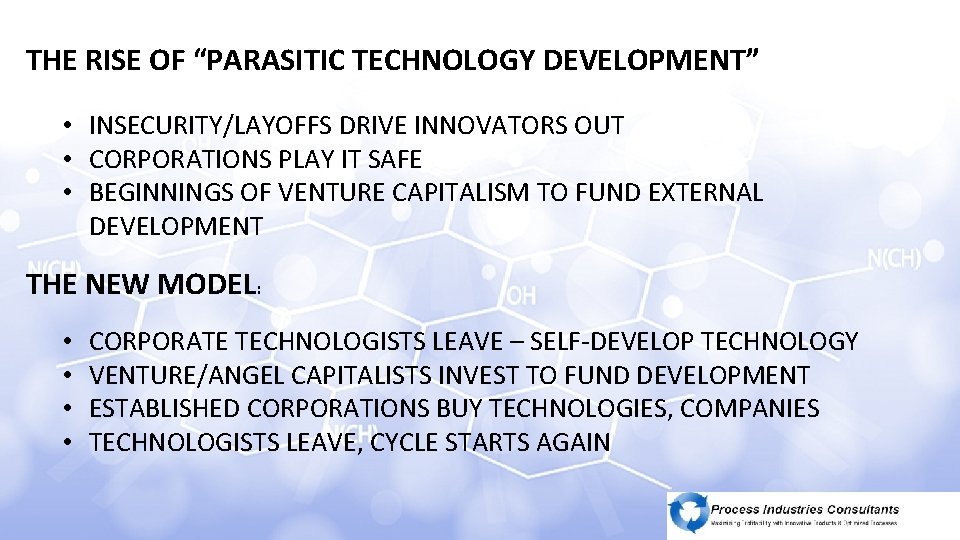 THE RISE OF “PARASITIC TECHNOLOGY DEVELOPMENT” • INSECURITY/LAYOFFS DRIVE INNOVATORS OUT • CORPORATIONS PLAY