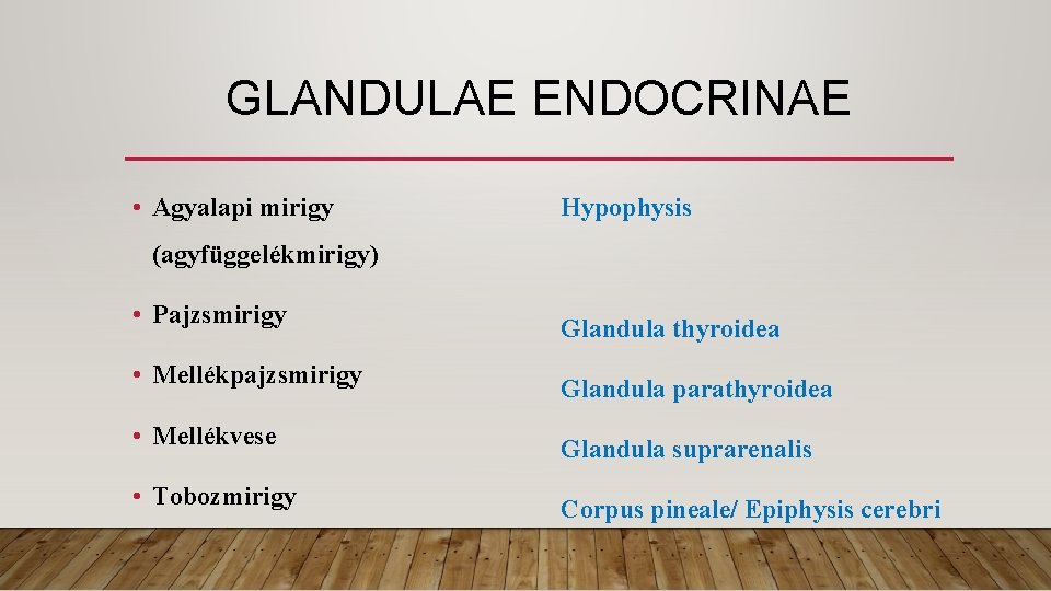 GLANDULAE ENDOCRINAE • Agyalapi mirigy Hypophysis (agyfüggelékmirigy) • Pajzsmirigy • Mellékpajzsmirigy • Mellékvese •
