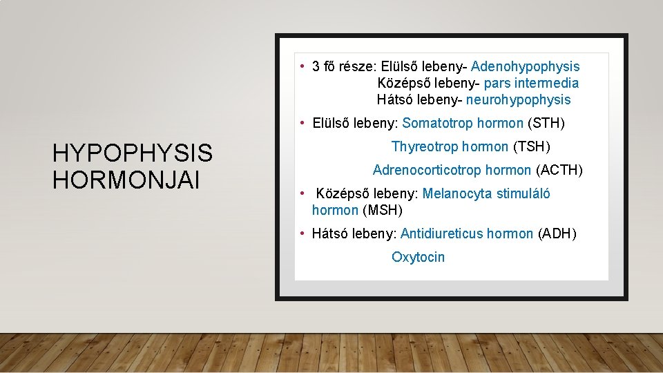  • 3 fő része: Elülső lebeny- Adenohypophysis Középső lebeny- pars intermedia Hátsó lebeny-