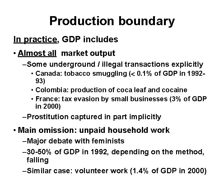 Production boundary In practice, GDP includes • Almost all market output –Some underground /