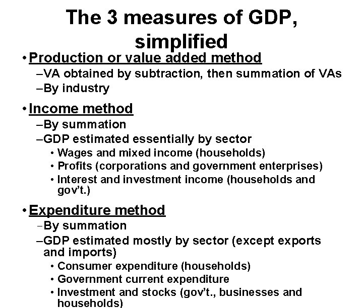The 3 measures of GDP, simplified • Production or value added method –VA obtained