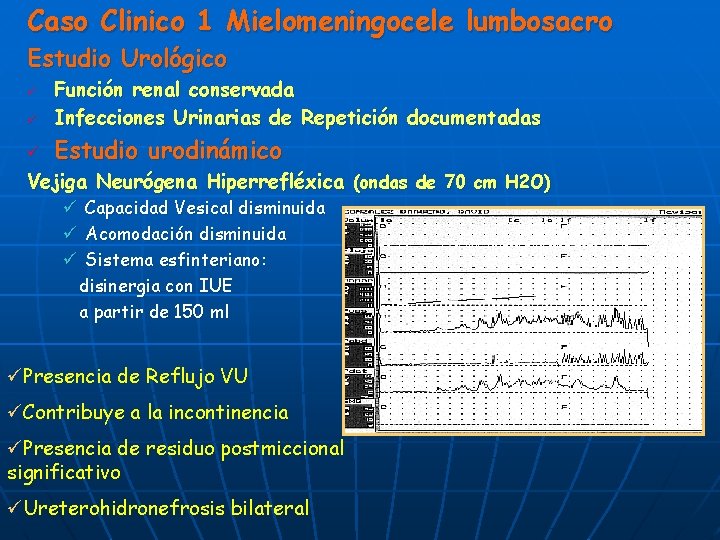 Caso Clinico 1 Mielomeningocele lumbosacro Estudio Urológico ü Función renal conservada Infecciones Urinarias de