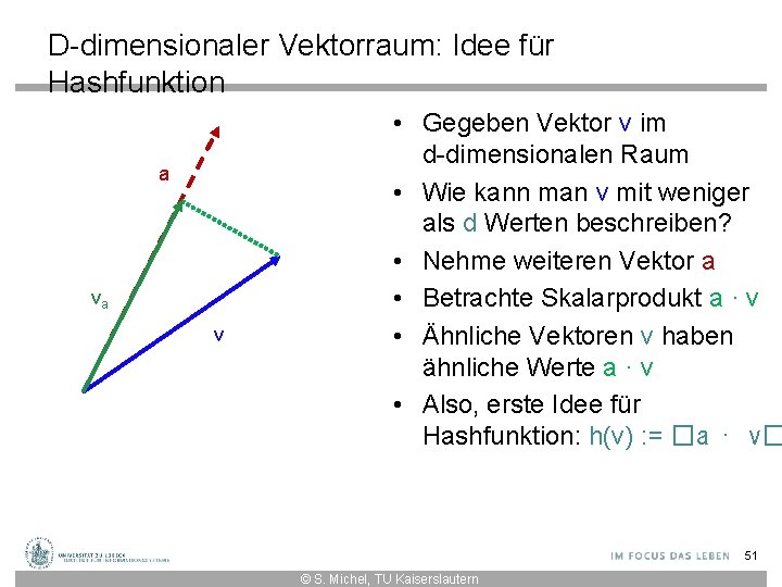 D-dimensionaler Vektorraum: Idee für Hashfunktion a va v • Gegeben Vektor v im d-dimensionalen