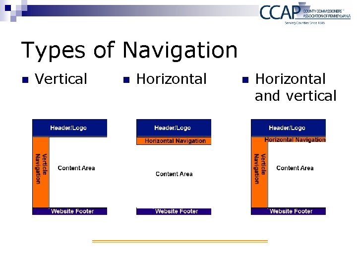 Types of Navigation n Vertical n Horizontal and vertical 